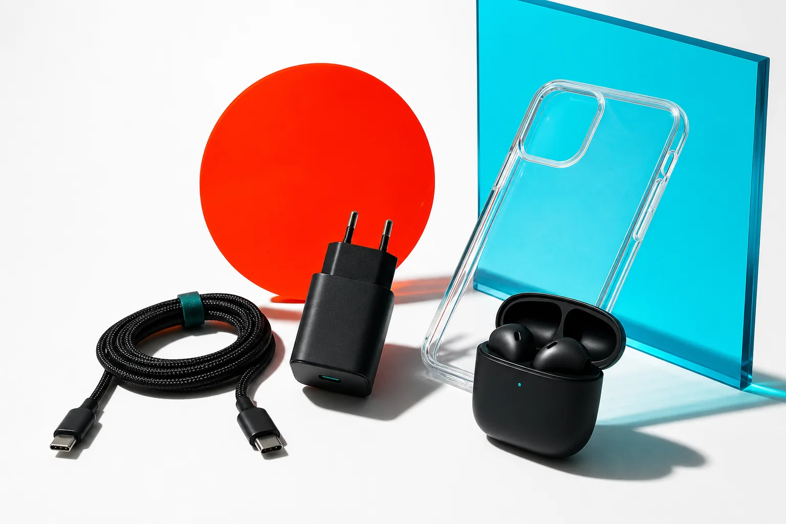 Phone case, charger, cable and wireless earphones arranged on a clean studio surface