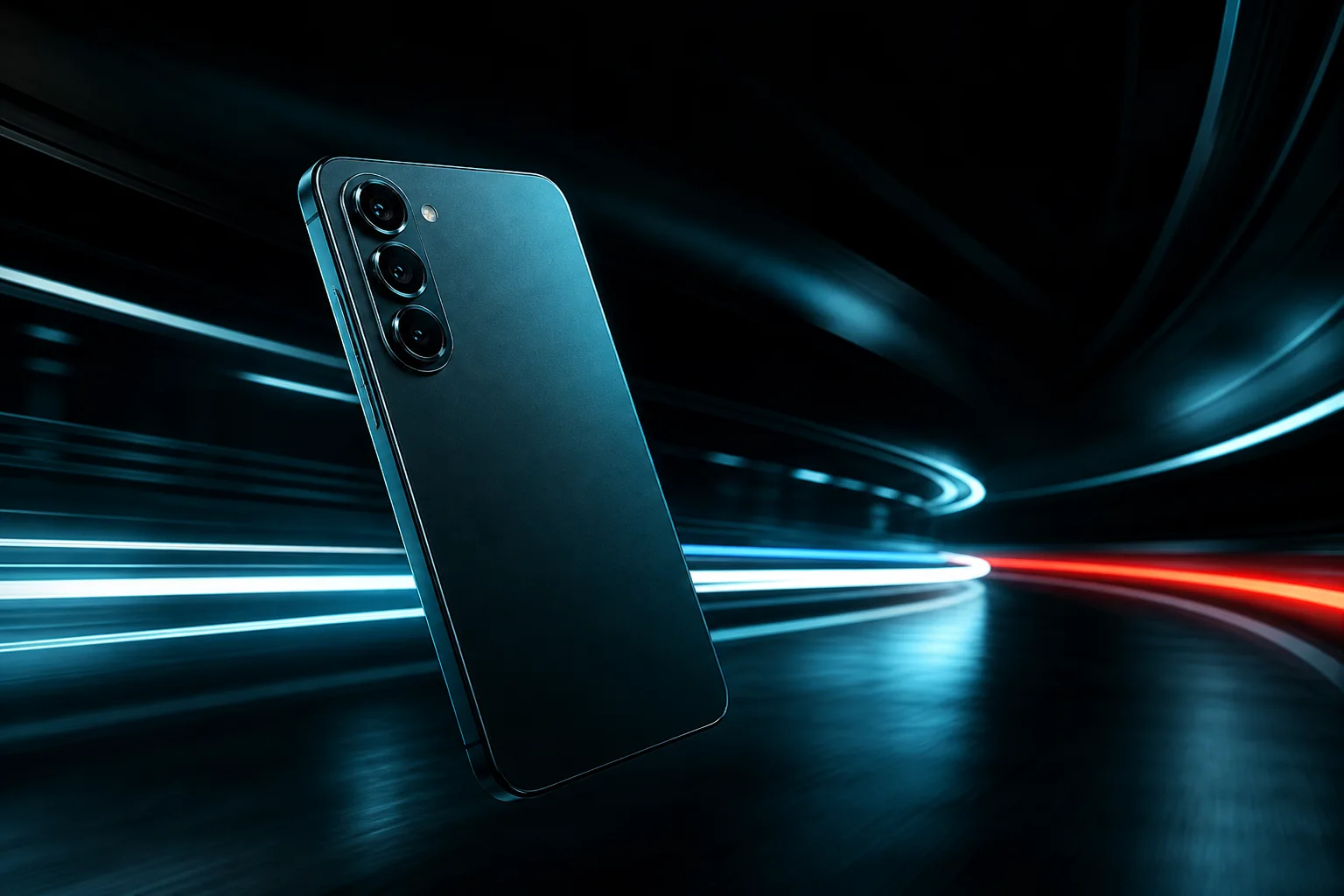 A modern teal smartphone displayed against sweeping light trails