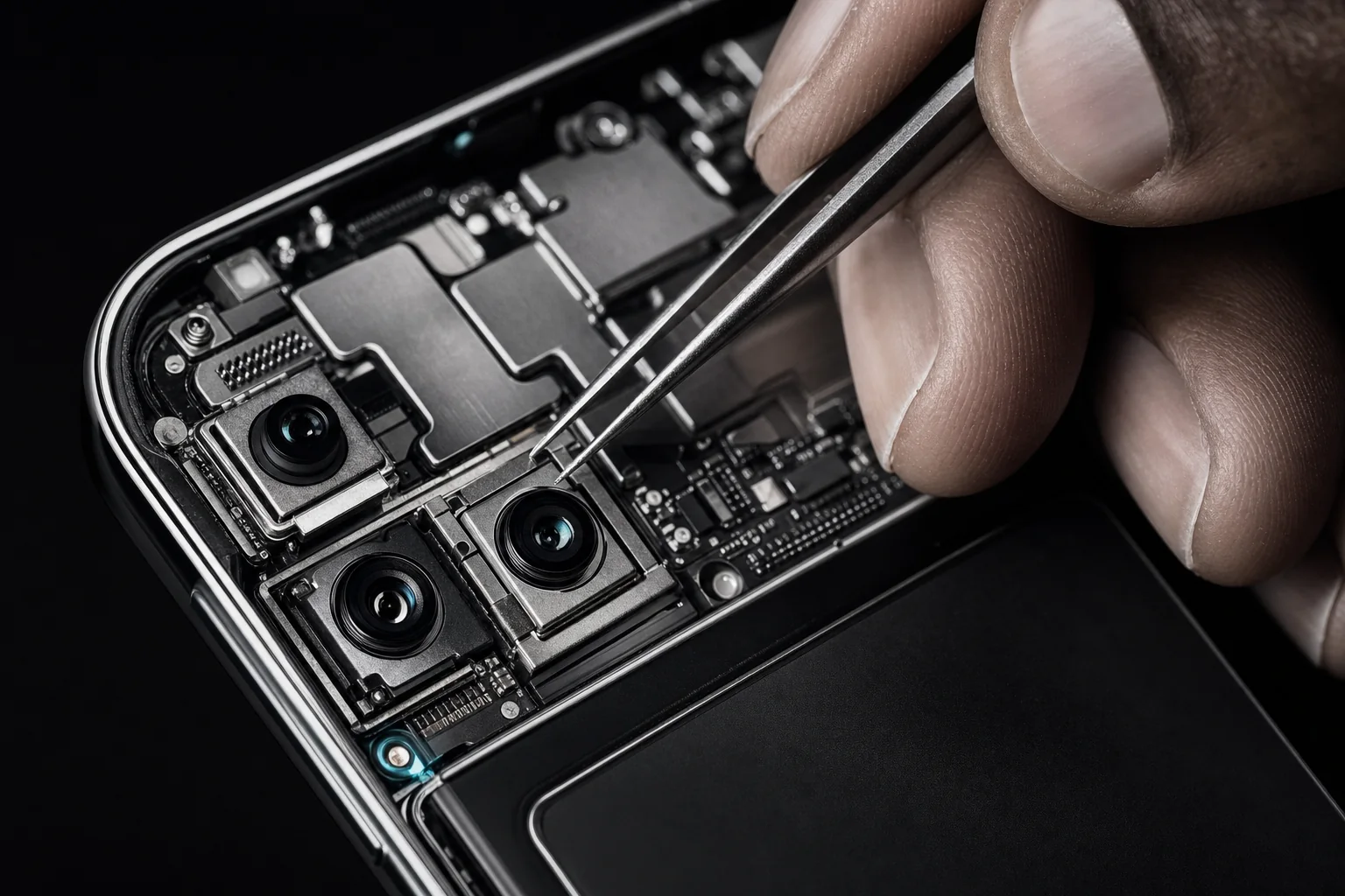 Close-up of a technician inspecting the internal camera components of a smartphone